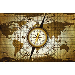 Dünya Haritası Zeminli Pusula Duvar Kağıdı Baskı - Dkm090058