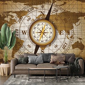 Dünya Haritası Zeminli Pusula Duvar Kağıdı Baskı - Dkm090015 475x200 cm