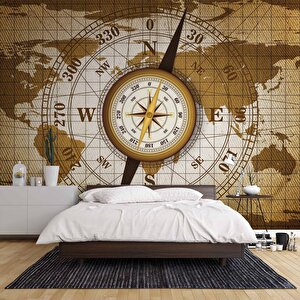 Dünya Haritası Zeminli Pusula Duvar Kağıdı Baskı - Dkm090015 475x200 cm