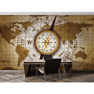 Dünya Haritası Zeminli Pusula Duvar Kağıdı Baskı - Dkm090015 475x200 cm