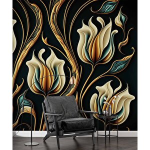 3 Boyutlu Sarı Çiçek Desenli Duvar Kağıdı - Dkm887081