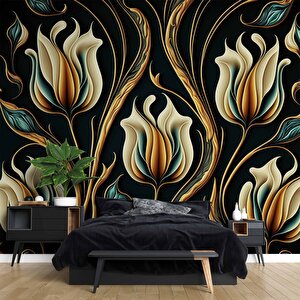 3 Boyutlu Sarı Çiçek Desenli Duvar Kağıdı - Dkm887028 275x240 cm