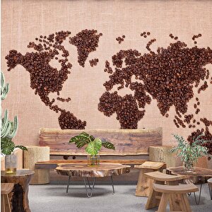 Kahve Çekirdeği Dünya Haritası Duvar Kağıdı Baskı - Dkm262003 150x200 cm