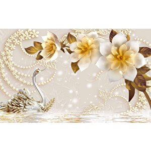 3 Boyutlu Çiçek Ve Kuğu Desenli Duvar Kağıdı Baskı - Dkm081124