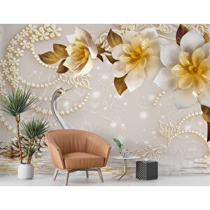 3 Boyutlu Çiçek Ve Kuğu Desenli Duvar Kağıdı Baskı - Dkm081126