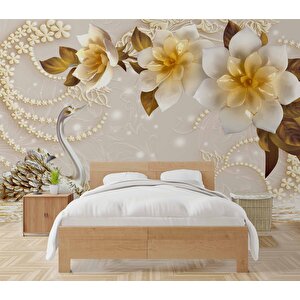 3 Boyutlu Çiçek Ve Kuğu Desenli Duvar Kağıdı Baskı - Dkm081047 225x260 cm