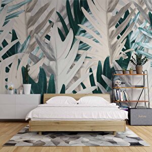 Yeşil Beyaz Yaprak Desenli Duvar Kağıdı - Dkm971076 425x280 cm