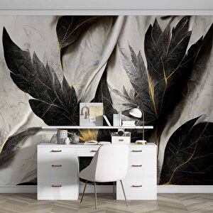 Siyah Beyaz Yaprak Çizim Desenli Duvar Kağıdı - Dkm883021