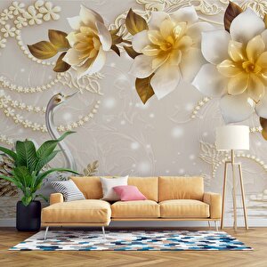 3 Boyutlu Çiçek Ve Kuğu Desenli Duvar Kağıdı Baskı - Dkm081082 600x280 cm