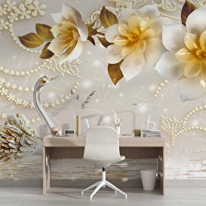 3 Boyutlu Çiçek Ve Kuğu Desenli Duvar Kağıdı Baskı - Dkm081036