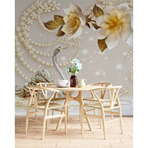 3 Boyutlu Çiçek Ve Kuğu Desenli Duvar Kağıdı Baskı - Dkm081036