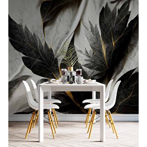Siyah Beyaz Yaprak Çizim Desenli Duvar Kağıdı - Dkm883034
