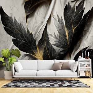 Siyah Beyaz Yaprak Çizim Desenli Duvar Kağıdı - Dkm883024 150x240 cm