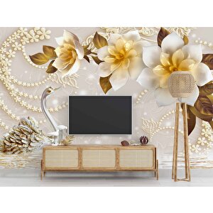 3 Boyutlu Çiçek Ve Kuğu Desenli Duvar Kağıdı Baskı - Dkm081073 350x280 cm