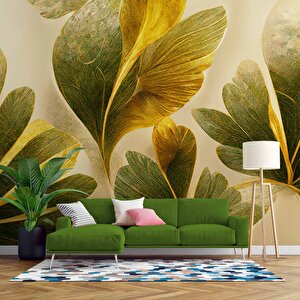 3 Boyutlu Yeşil Yaprak Çizim Deseneli Duvar Kağıdı - Dkm892038 525x240 cm
