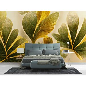 3 Boyutlu Yeşil Yaprak Çizim Deseneli Duvar Kağıdı - Dkm892038 525x240 cm