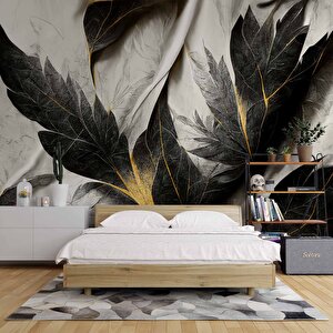Siyah Beyaz Yaprak Çizim Desenli Duvar Kağıdı - Dkm883037 500x240 cm