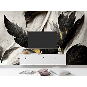 Siyah Beyaz Yaprak Çizim Desenli Duvar Kağıdı - Dkm883037 500x240 cm