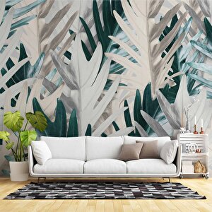 Yeşil Beyaz Yaprak Desenli Duvar Kağıdı - Dkm971088 200x300 cm