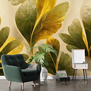 3 Boyutlu Yeşil Yaprak Çizim Deseneli Duvar Kağıdı - Dkm892068