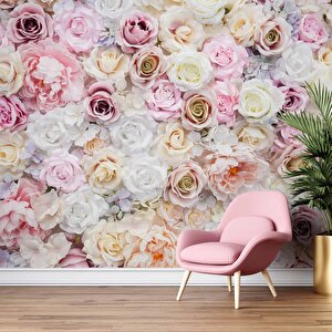 Pembe Beyaz Gül Desenli Duvar Kağıdı - Dkm469126