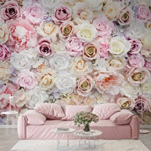 Pembe Beyaz Gül Desenli Duvar Kağıdı - Dkm469124 600x315 cm