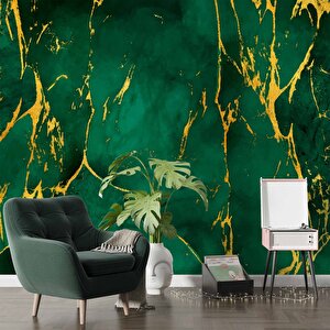 Zümrüt Yeşili Zeminli Ve Altın Hat Mermer Temalı Duvar Kağıdı - Dkm684050