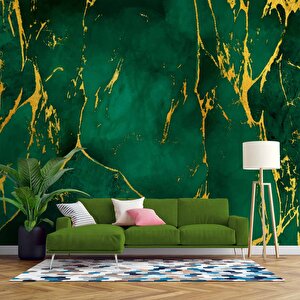 Zümrüt Yeşili Zeminli Ve Altın Hat Mermer Temalı Duvar Kağıdı - Dkm684121 500x315 cm