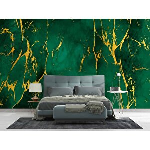 Zümrüt Yeşili Zeminli Ve Altın Hat Mermer Temalı Duvar Kağıdı - Dkm684121 500x315 cm