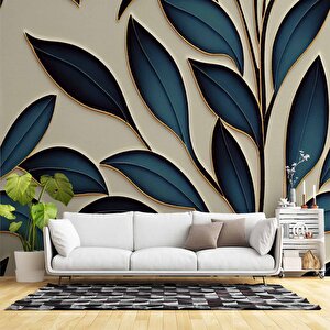 Mavi Yaprak İşleme Desenli Duvar Kağıdı - Dkm882042 800x240 cm