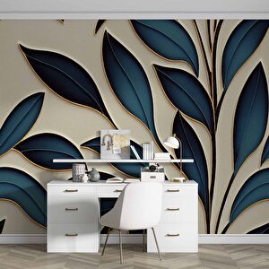 Mavi Yaprak İşleme Desenli Duvar Kağıdı - Dkm882042