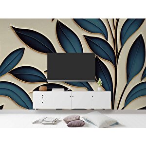 Mavi Yaprak İşleme Desenli Duvar Kağıdı - Dkm882022 900x200 cm