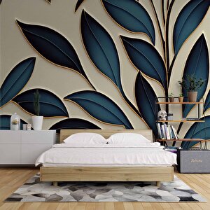Mavi Yaprak İşleme Desenli Duvar Kağıdı - Dkm882061 600x260 cm