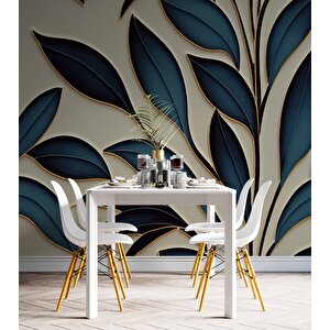 Mavi Yaprak İşleme Desenli Duvar Kağıdı - Dkm882061