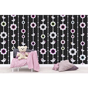 Kuşlu Çiçekli Çocuk Odası Duvar Kağıdı Baskı - Dkm372124