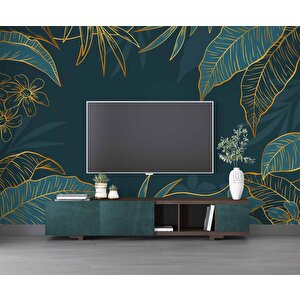 Yeşil Yaprak Ve Altın Çizgiler Duvar Kağıdı Baskı - Dkm549002 100x200 cm
