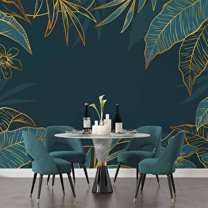 Yeşil Yaprak Ve Altın Çizgiler Duvar Kağıdı Baskı - Dkm549002