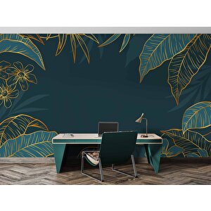 Yeşil Yaprak Ve Altın Çizgiler Duvar Kağıdı Baskı - Dkm549116