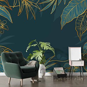 Yeşil Yaprak Ve Altın Çizgiler Duvar Kağıdı Baskı - Dkm549116