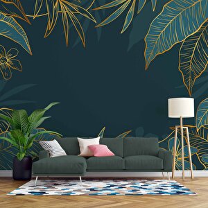 Yeşil Yaprak Ve Altın Çizgiler Duvar Kağıdı Baskı - Dkm549088 200x300 cm