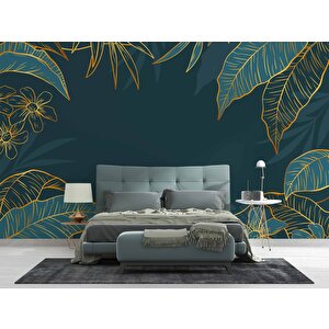 Yeşil Yaprak Ve Altın Çizgiler Duvar Kağıdı Baskı - Dkm549047 225x260 cm