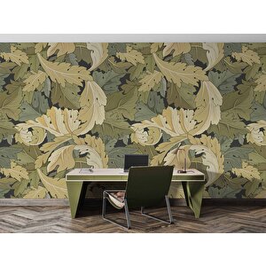 Yeşil Sarı Yaprak Desenli Duvar Kağıdı - Dkm704063