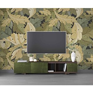 Yeşil Sarı Yaprak Desenli Duvar Kağıdı - Dkm704078 475x280 cm