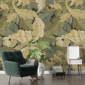 Yeşil Sarı Yaprak Desenli Duvar Kağıdı - Dkm704083