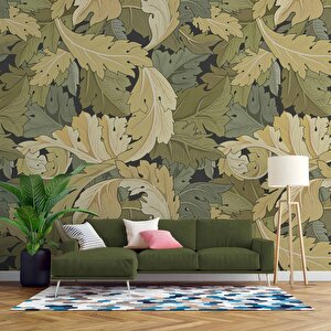 Yeşil Sarı Yaprak Desenli Duvar Kağıdı - Dkm704124 600x315 cm