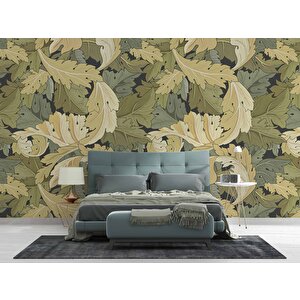 Yeşil Sarı Yaprak Desenli Duvar Kağıdı - Dkm704124 600x315 cm