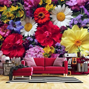 Renkli Çiçek Temalı Duvar Kağıdı Baskı - Dkm517035