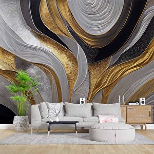 3 Boyutlu Siyah Gri Altın Simli Desenli Duvar Kağıdı - Dkm758106 900x300 cm