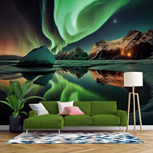 Gece Kutup Işıkları Manzaralı Duvar Kağıdı - Dkm838107 100x315 cm