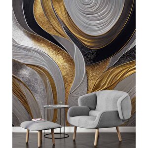 3 Boyutlu Siyah Gri Altın Simli Desenli Duvar Kağıdı - Dkm758089